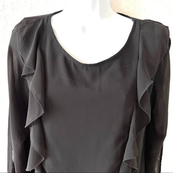 BCX black chiffon ruffle blouse sheer sleeves hidden elastic waist Sz M - Picture 4 of 12